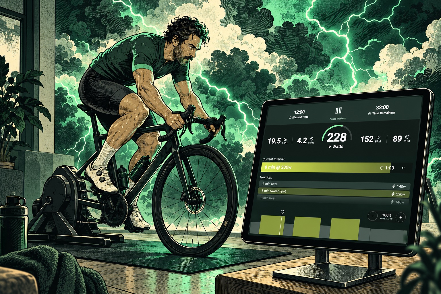 Hand-inked cyclist working on an indoor smart trainer, surrounded by mint lightning