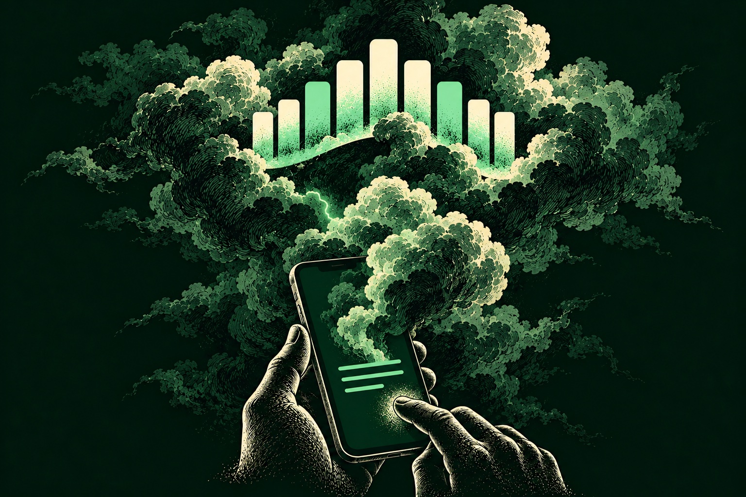 Illustrated phone turning a prompt into workout intervals among hand-inked clouds