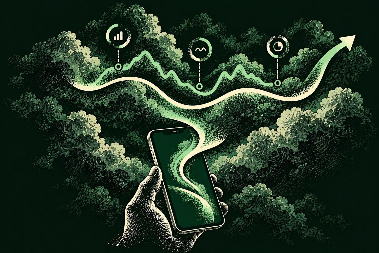 Illustrated phone with floating effort traces and a sharing arrow among hand-inked clouds