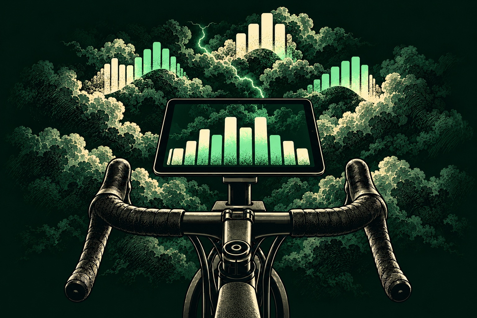 Centered bike handlebars and tablet with floating workout intervals among hand-inked clouds
